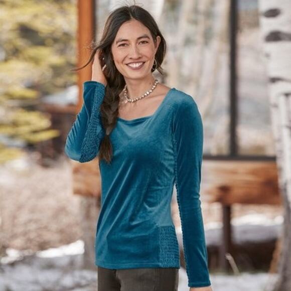 Sundance Elana Square Neck Smocked Velvet Teal Long Sleeve Top Size Small - Picture 1 of 11